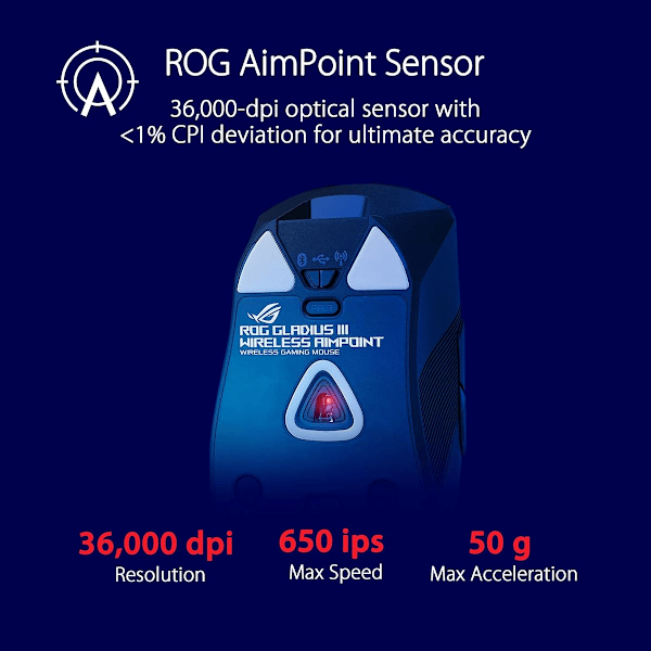 ASUS ROG Gladius III trådlös AimPoint-spelmus, anslutning 36000 DPI-sensor, ROG SpeedNova, utbytbara switchar, Paracord-kabel, svart svart