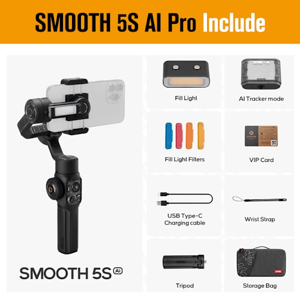 Zhiyun Smooth 5s AI 3-axlig handhållen gimbalstabilisator-Pro svart