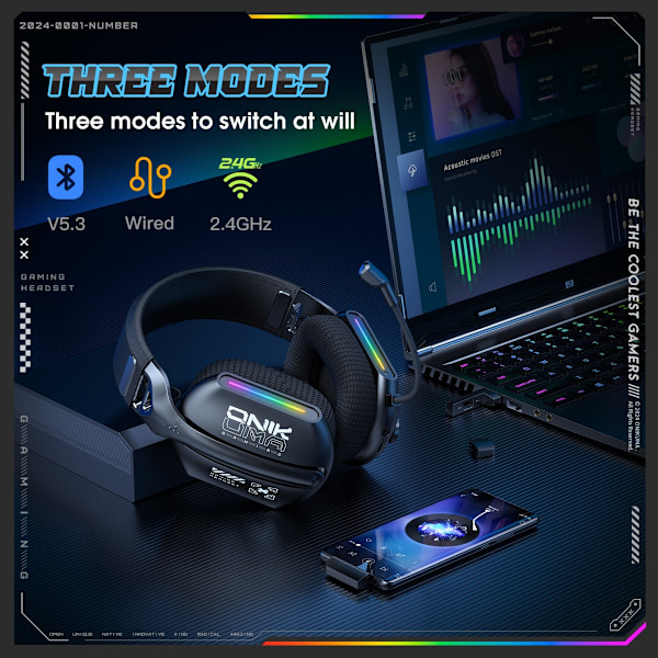 Onikuma GT808 Svart Over-the-Head Tri-Mode Bluetooth Headset svart