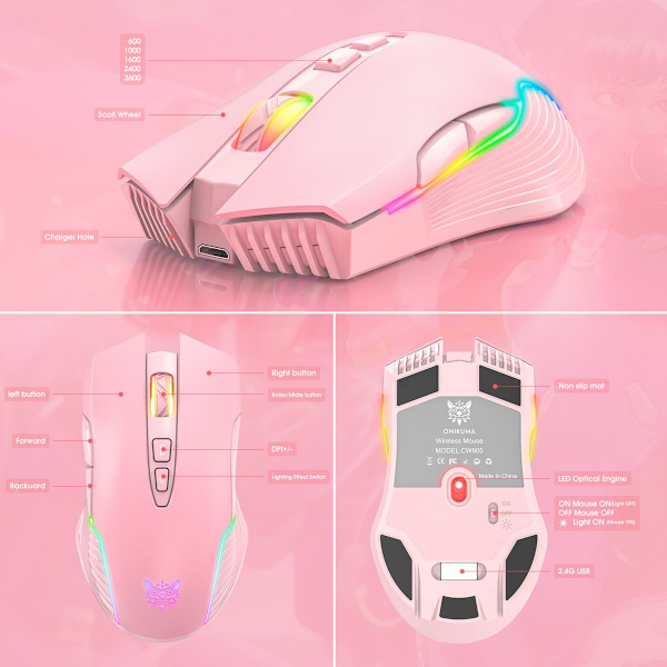 ONIKUMA CW905 Trådlös RGB Rosa Bluetooth USB 3600 DPI Spelmus rosa