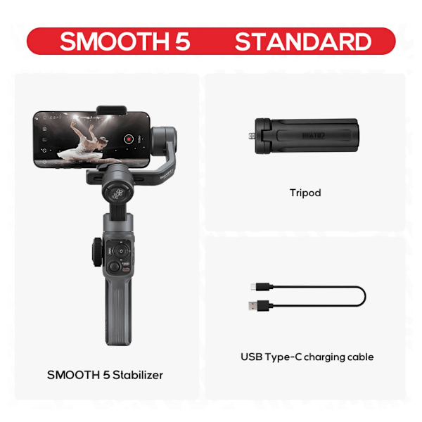 Zhiyun Smooth 5 Smartphone 3-axlig Handhållen Stabilisator - Standard svart