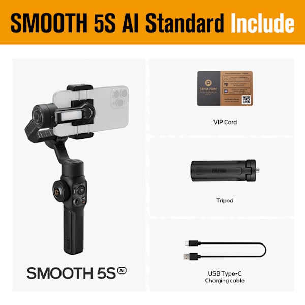Zhiyun Smooth 5s AI 3-axlig handhållen gimbalstabilisator-standard svart