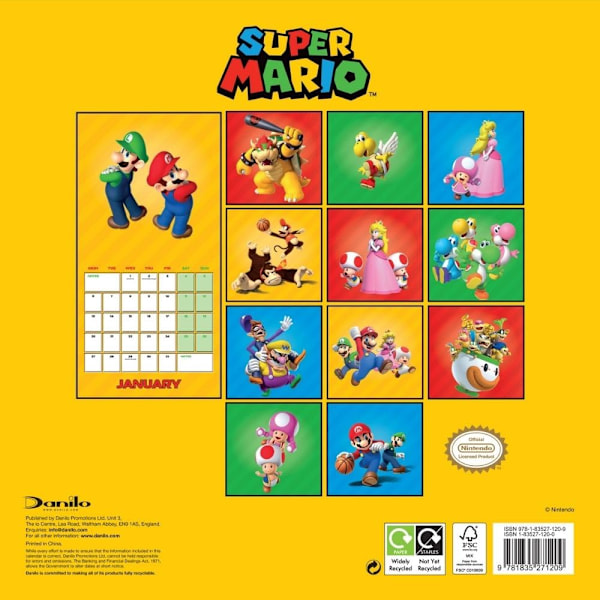 Super Mario 2025 Kvadratisk Väggkalender 30cm x 30cm Flerfärgad Multicoloured 30cm x 30cm