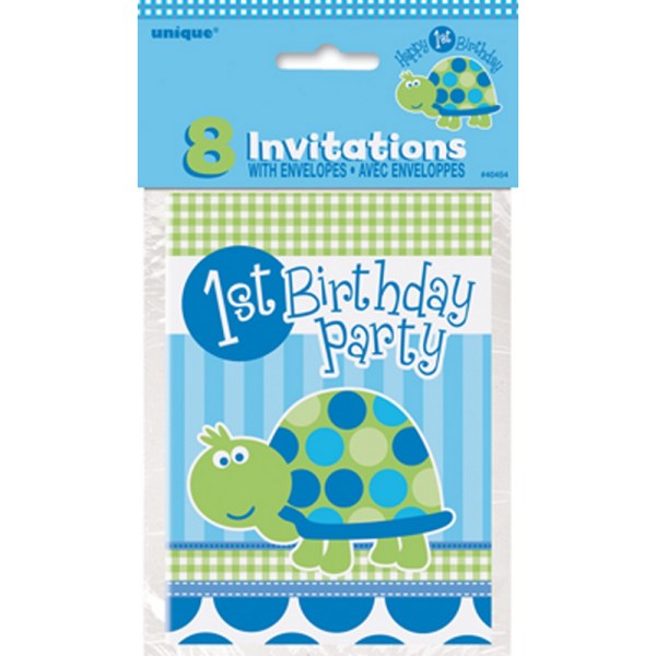 Unika inbjudningar för sköldpadda för 1:a födelsedag (paket med 8) One Si Blue/Green One Size