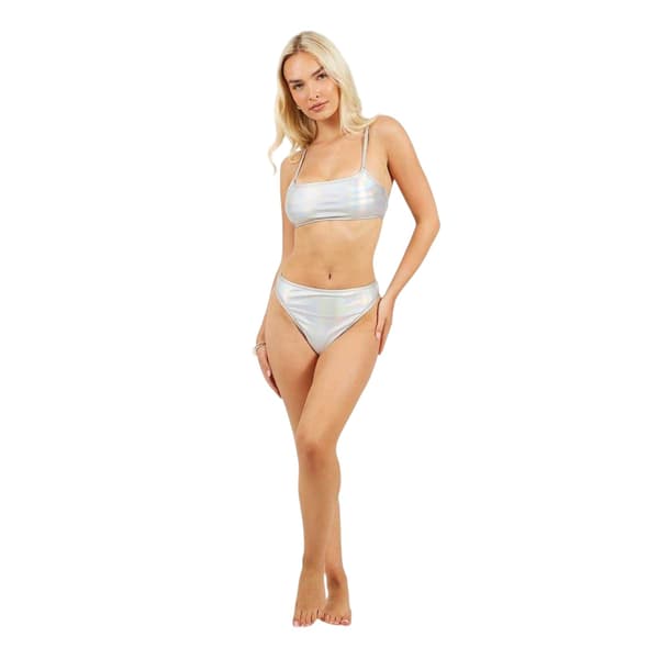 Brave Soul Dam Holografiska Högmidjade Bikiniunderdelar Metallic Silver 8 UK