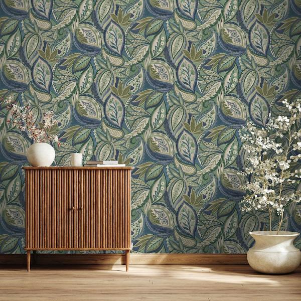 Holden Décor Paisley Leaves Tapet 10m x 53cm Blå/Grön Blue/Green 10m x 53cm