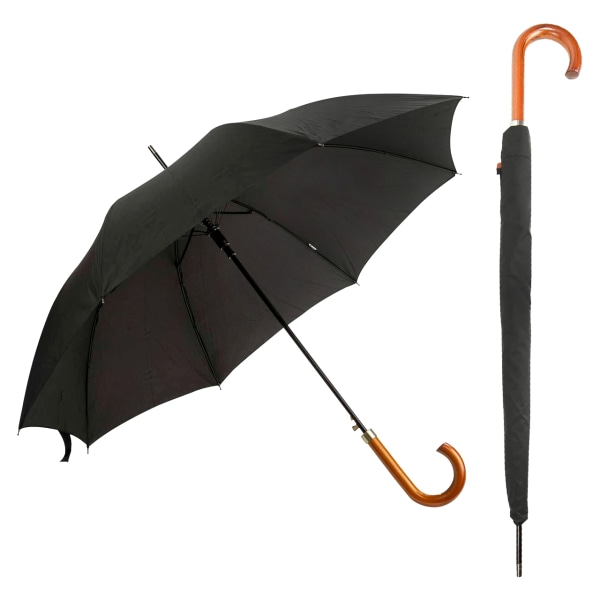 Unisex vanlig svart automatiskt promenadparaply med trähandtag Black See Description