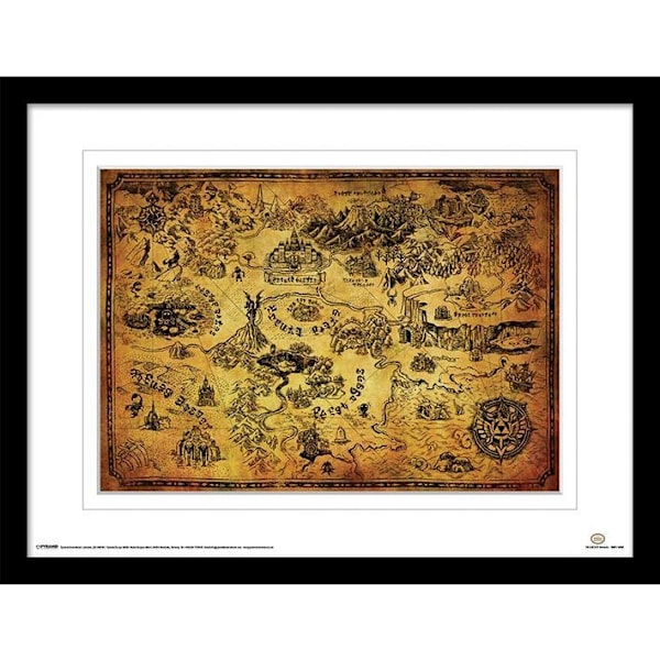 The Legend Of Zelda Hyrule Karta Inramad Konsttryck 30cm x 40cm Gul Yellow/White/Black 30cm x 40cm