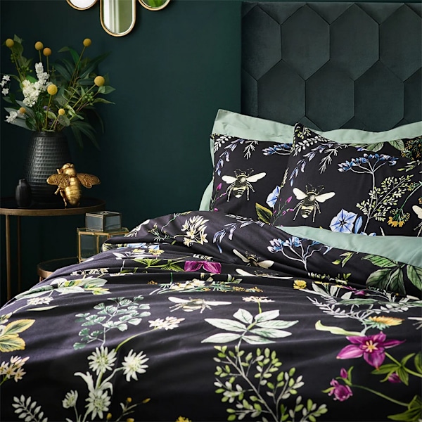 Wylder Midnight Bee Sammetsblommig Täcke Set Dubbel Svart Black Double