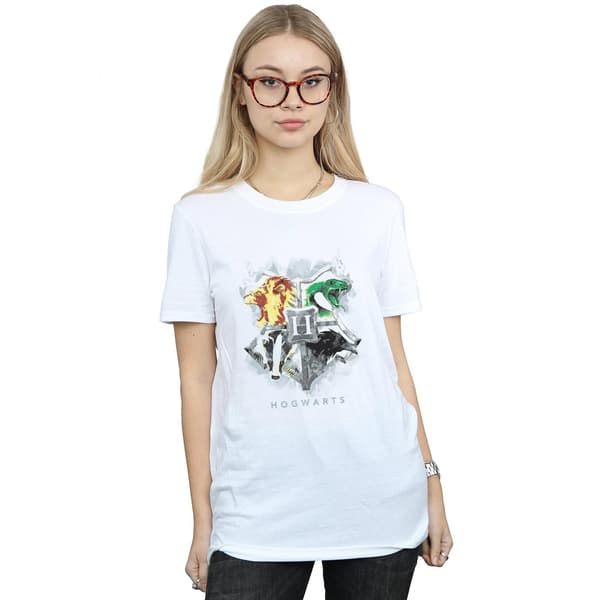 Harry Potter Dam/Dam Hogwarts Målat Vapen Bomull Boyfri White L