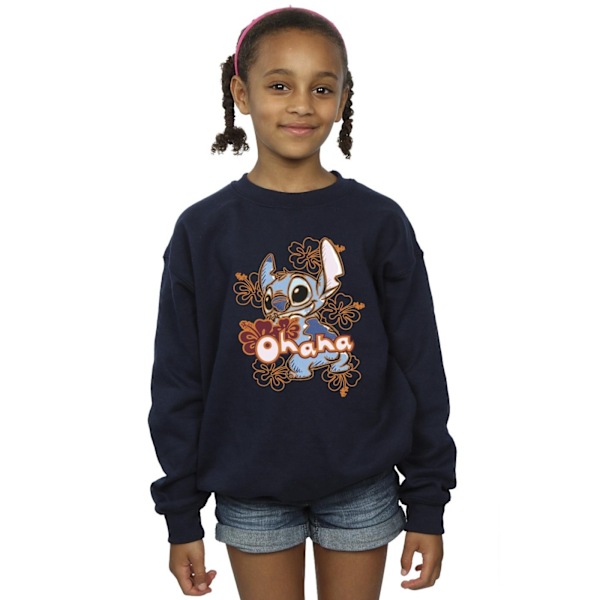 Disney Girls Lilo And Stitch Ohana Orange Hibiscus Sweatshirt 5 Navy Blue 5-6 Years