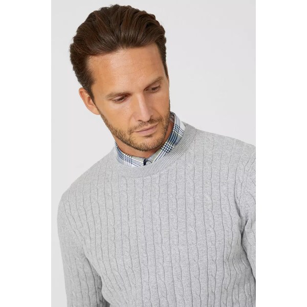 Maine Herr Cable Cotton Crew Neck Sweatshirt L Ljusgrå Light Grey L