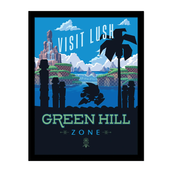 Sonic The Hedgehog Besök The Lush Green Hill Zone inramad affisch Blue/Black 40cm x 30cm