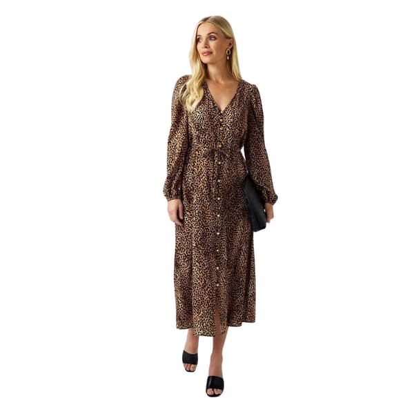 Biba Dam Leopardmönstrad Knapp Midi Klänning 10 U Brown/Black 10 UK