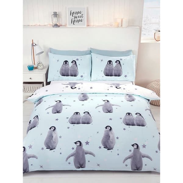 Rapport Vändbar Baby Penguin Påslakan Set Dubbel Isblå Ice Blue/Grey Double