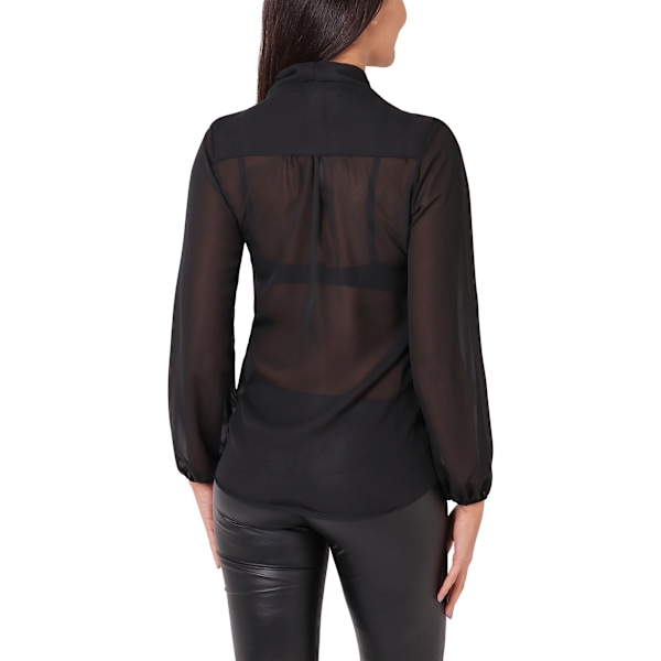 Krisp Dam/Kvinnor Lång Chiffongblus med Pussy Bow 12 UK Svart Black 12 UK