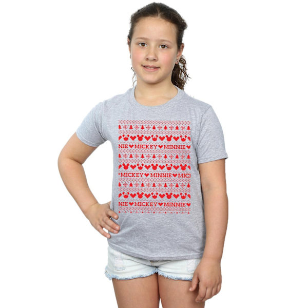 Disney Girls Mickey And Minnie Christmas Fair Isle Bomull T-shirt Sports Grey 5-6 Years