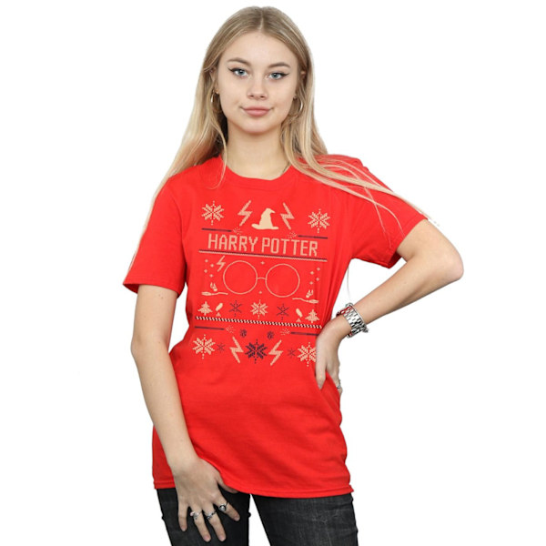 Harry Potter Dam/Damer Julmönster Bomull Pojkvän T-shirt Red XXL