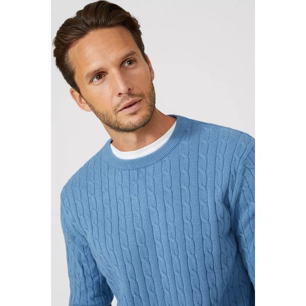 Maine Herr Cable Cotton Crew Neck Sweatshirt XL Mellanblå Mid Blue XL