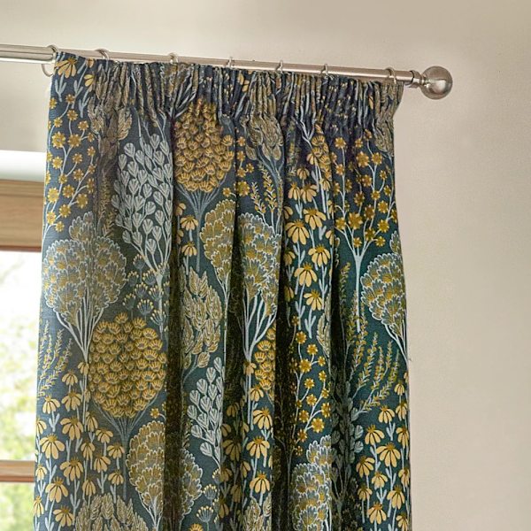 Wylder Ophelia Jacquard Blommiga Blyertsveckade Gardiner 168cm x 229cm Blue/Saffron 168cm x 229cm