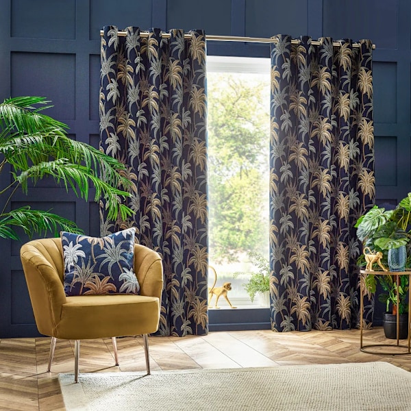 Wylder Galapagos Jacquard Öglegardiner 117cm x 137cm Marinblå Navy 117cm x 137cm