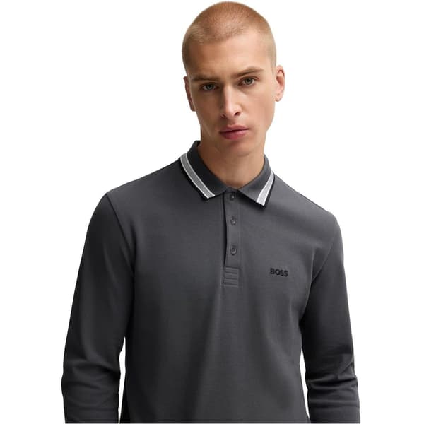 Boss Herr Broderad Logotyp Bomull Långärmad Pikétröja XL Da Dark Grey XL
