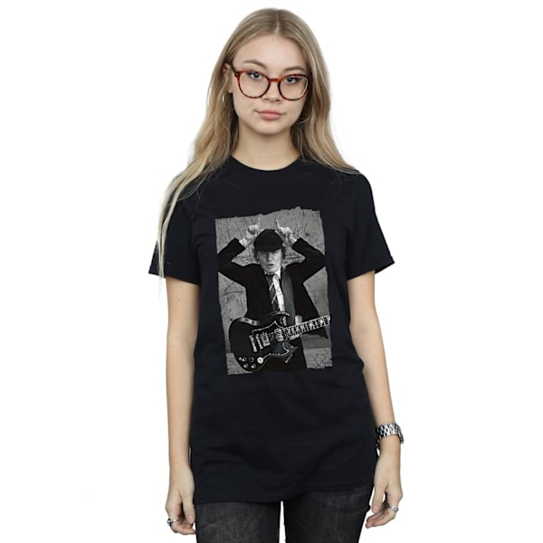 AC/DC Dam/Kvinnor Angus Young Distressed Foto Bomull Pojkvän Black L