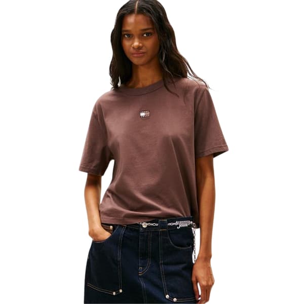 Tommy Jeans Dam Broderad Logotyp Bomull Croppad T-shirt Black/Walnut 14 UK