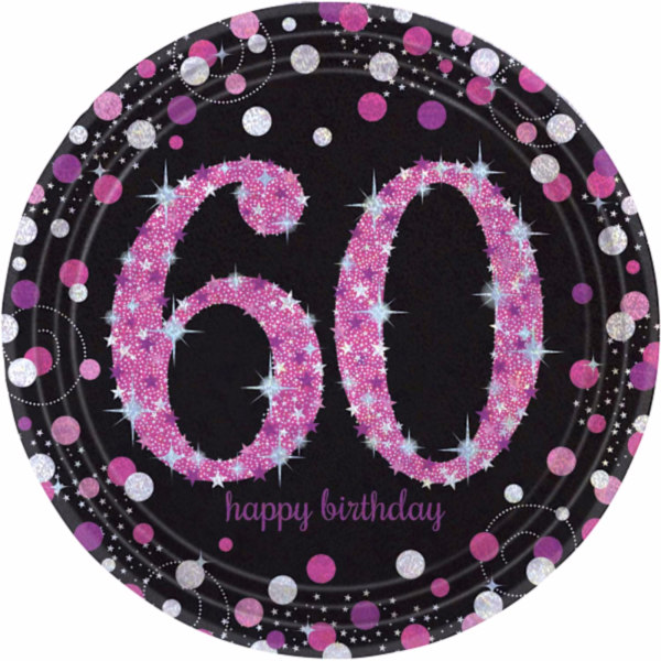 Amscan Sparkling Pink Celebration 60-årsdagsfestplattor (P Black/Pink One Size