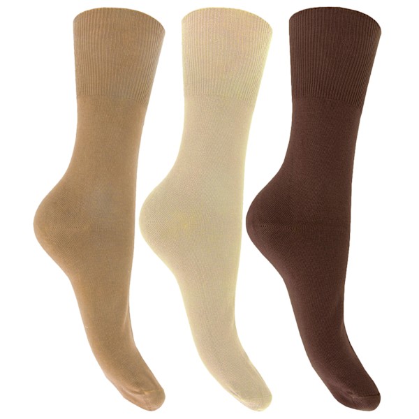 Womens/Ladies Plain Cotton Rich Non Elastic Top Socks (Pack Of 3) Shades Of Brown UK Shoe 4-8, EUR 37-42