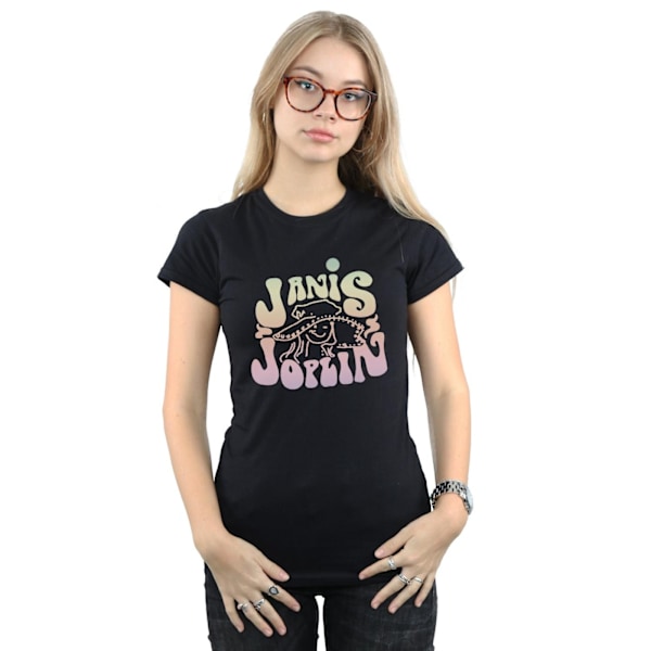 Janis Joplin Dam T-shirt i bomull med pastellfärgad logotyp, S, svart Black S