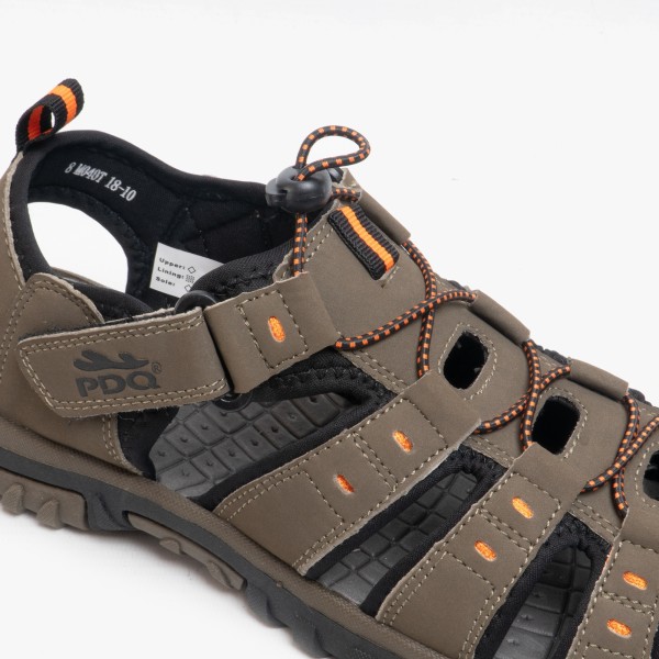 PDQ Mens Toggle & Touch Fastening Synthetic Nubuck Trail Sandal Dark Taupe/Orange 8 UK