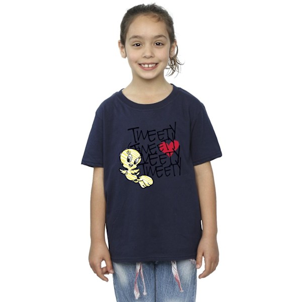 Looney Tunes Girls Tweety Love Heart Bomull T-shirt 9-11 år Navy Blue 9-11 Years