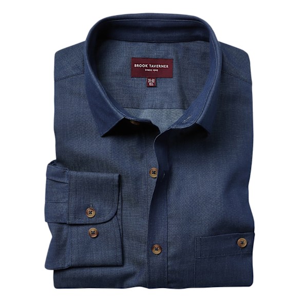 Brook Taverner Herr Jasper Långärmad Chambray Skjorta 14 UK Den Denim 14 UK