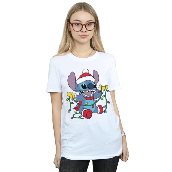 Disney Dam/Damer Lilo Och Stitch Julbelysning Bomull Boyfriend T-Shirt S Vit White S