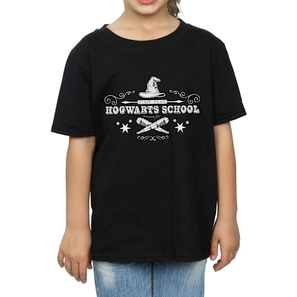 Harry Potter T-shirt för flickor, Hogwarts första år, bomull, 5-6 år Black 5-6 Years