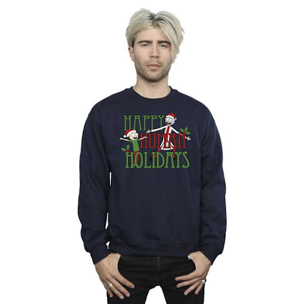 Rick And Morty Herr Happy Human Holidays Sweatshirt XXL Marinblå Navy Blue XXL