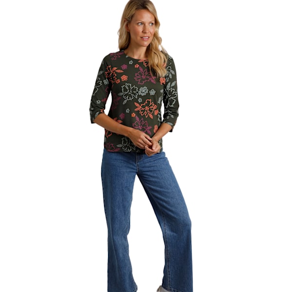 Weird Fish Dam T-shirt i Pinto Floral Jersey av Organisk Bomull, Storlek 16 Fir Green 16 UK