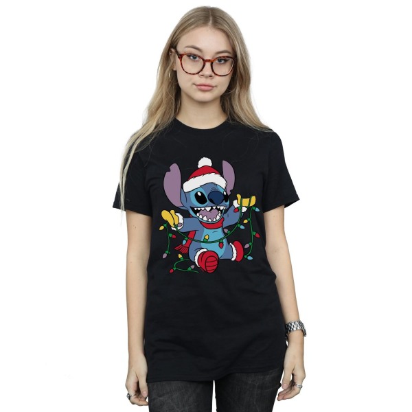 Disney Dam/Kvinnor Lilo Och Stitch Julbelysning Bomull Boyfriend T-Shirt L Svart Black L