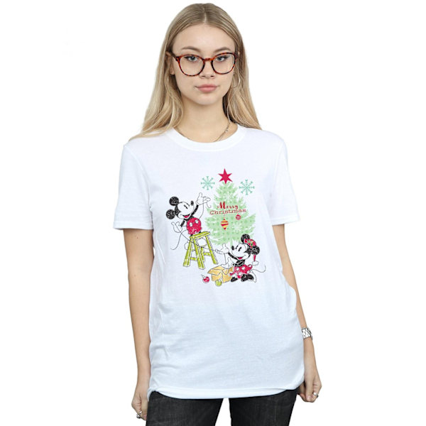 Disney Dam/Damer Mickey Och Minnie Julgran Bomull Boyfriend T-Shirt White 3XL