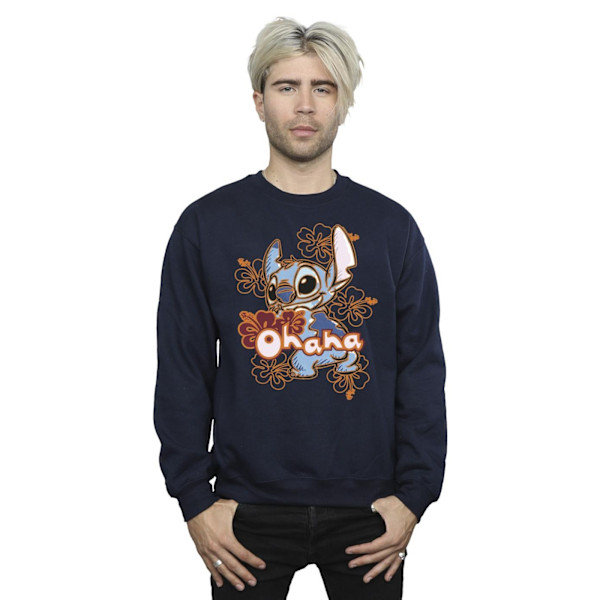 Disney Mens Lilo And Stitch Ohana Orange Hibiscus Sweatshirt XX Navy Blue XXL