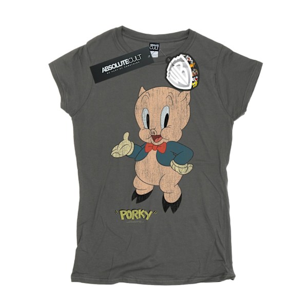 Looney Tunes Dam/Damer Porky Pig Distressed Bomull T-shirt Charcoal XL