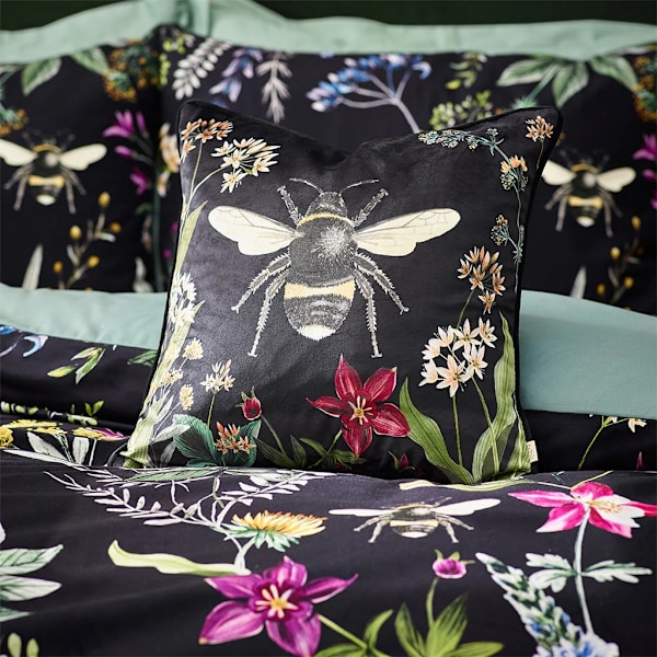 Wylder Midnight Bee Sammetsblommig Täcke Set Dubbel Svart Black Double