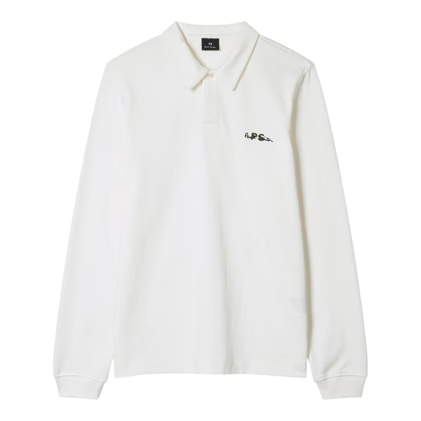 Paul Smith Herr Broderad Logotyp Bomull Långärmad Pikétröja White M