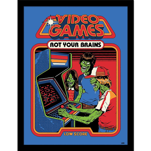 Steven Rhodes Video Games Rot Your Brains Inramad Affisch 40cm x Blue/Red/Green 40cm x 30cm