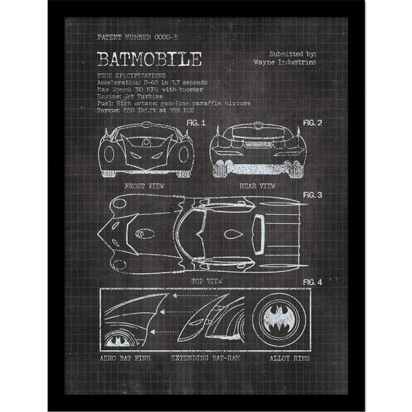 Batman Batmobile Print 40cm x 30cm Svart/Vit Black/White 40cm x 30cm