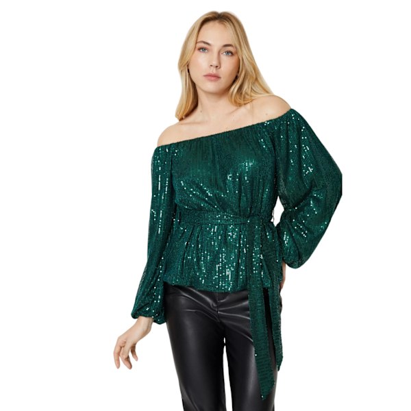 Dorothy Perkins Dam/Dam Sequin Bardot Långärmad Blus Green 14 UK