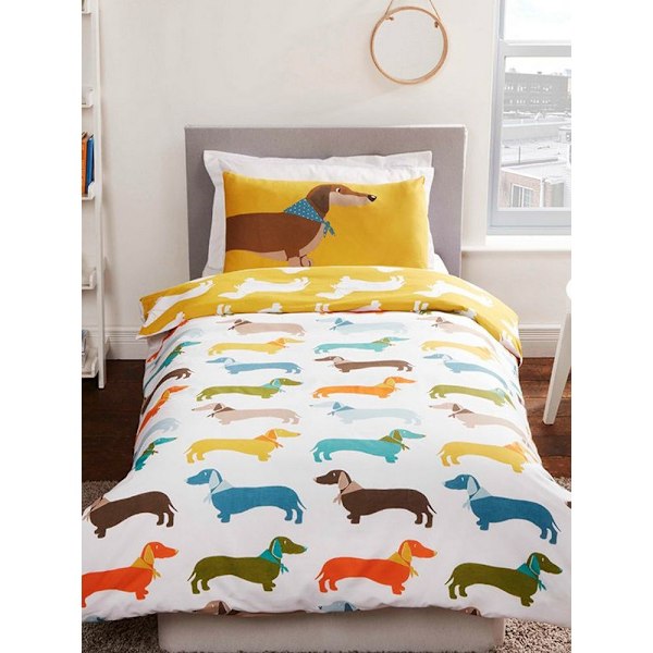 Rapport Tax Dachshund Påslakan Set Enkelsäng Vit/Gul White/Yellow Single