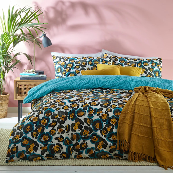 Furn Ayanna Leopardmönstrad påslakanset Dubbel Teal Teal Double