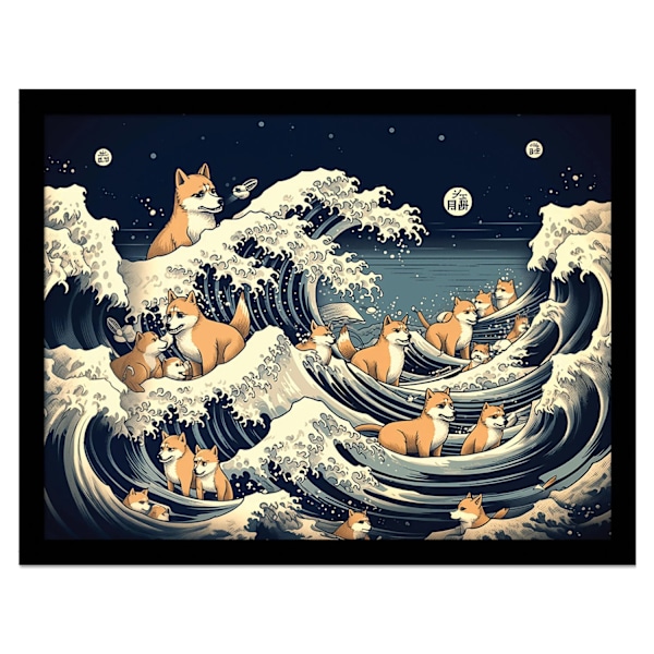 Wave Collection Shiba Waves Inramad Poster 40cm x 30cm Blå/Kräm Blue/Cream/Light Brown 40cm x 30cm
